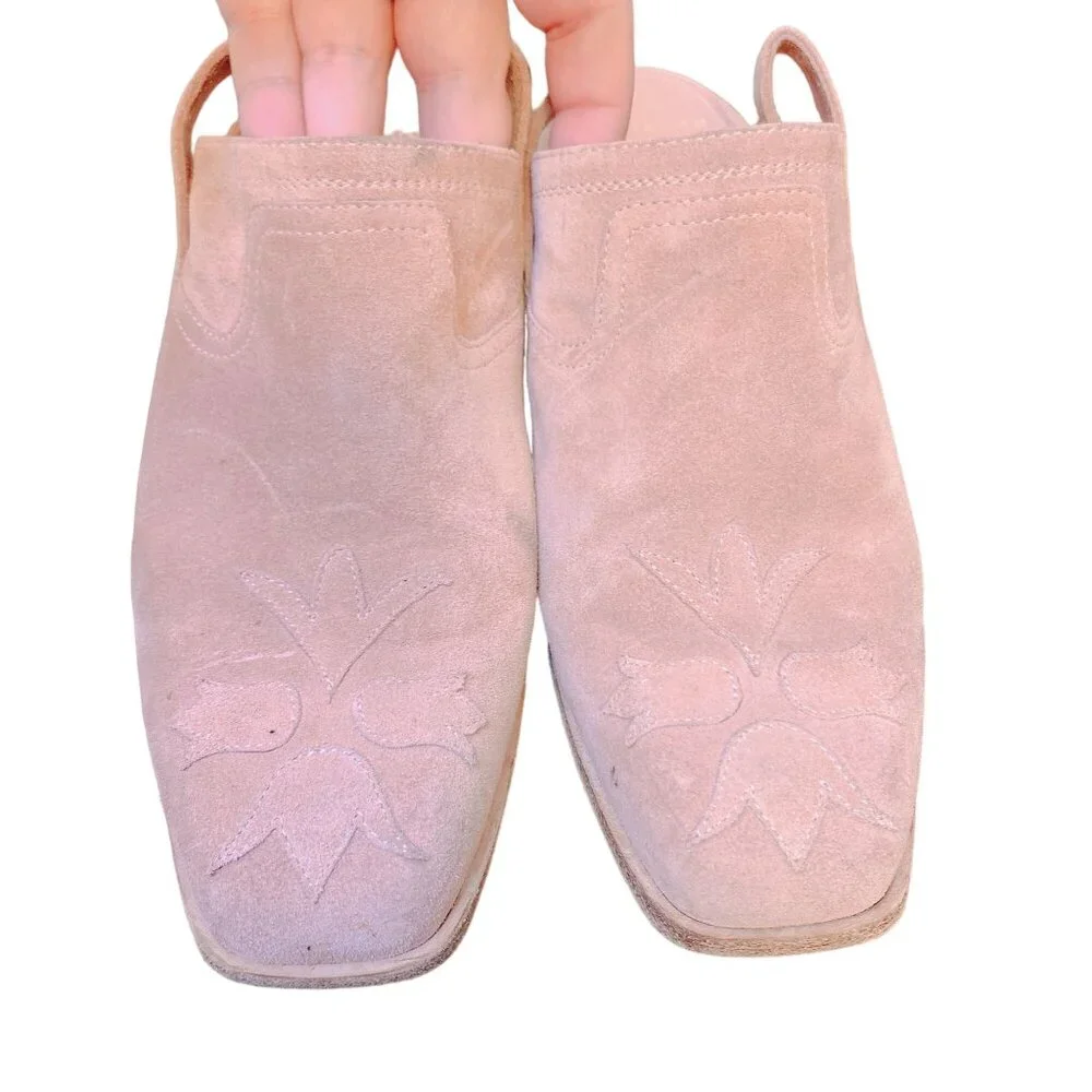 Laurence Dacade Clog Suede Mules Pink Western Embroidered Square Toe 7.5 - Picture 2 of 7